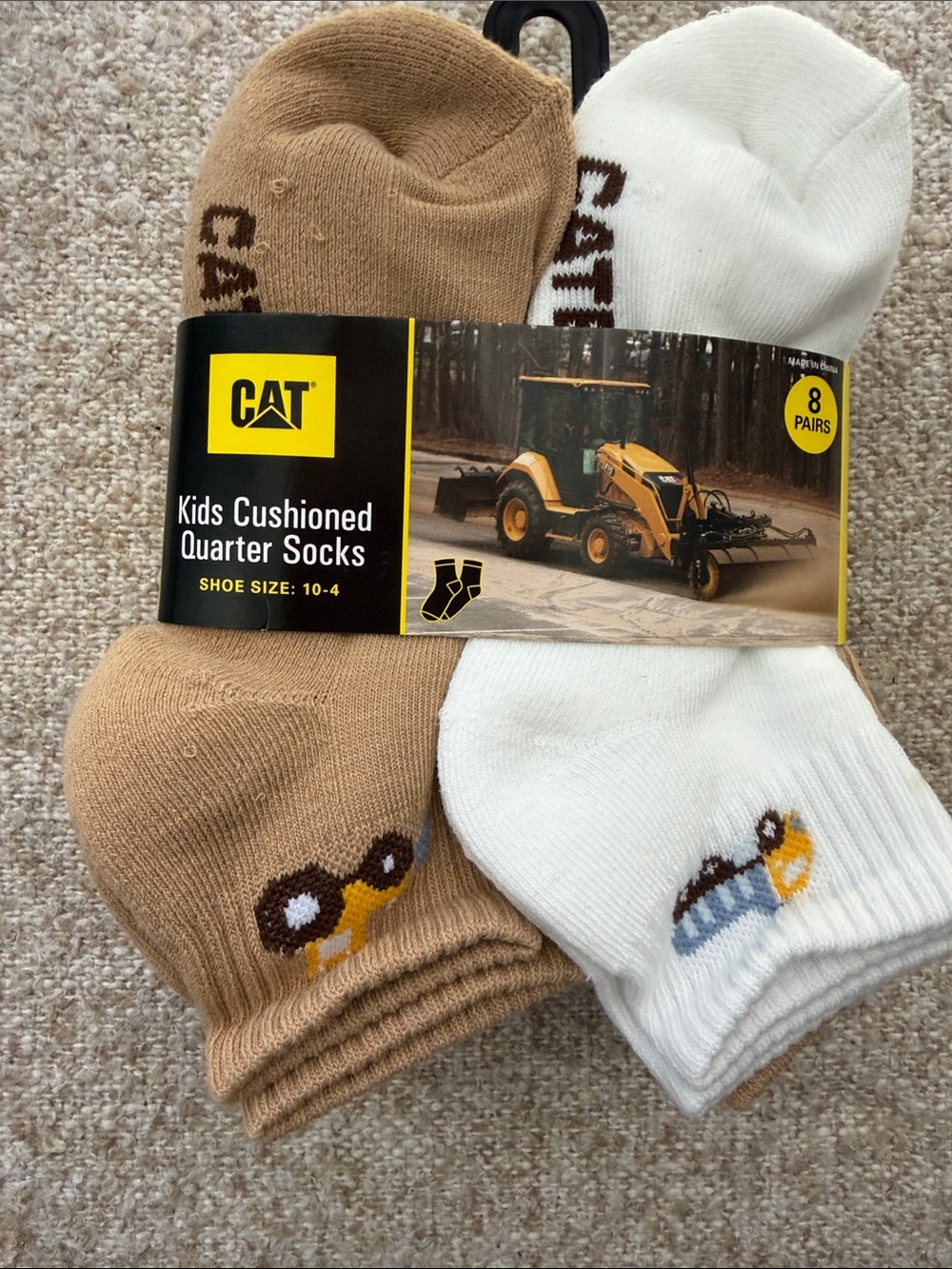 Caterpillar Kids Cushioned Quarter Socks - White & Tan with Machine Logo